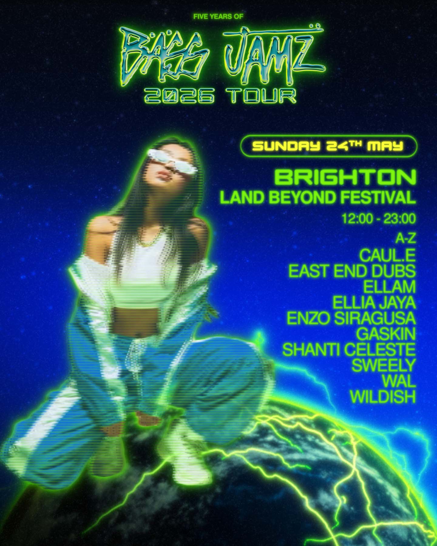 Promotional poster for Bass Jamz 2026 Tour featuring a person in futuristic attire with event details.