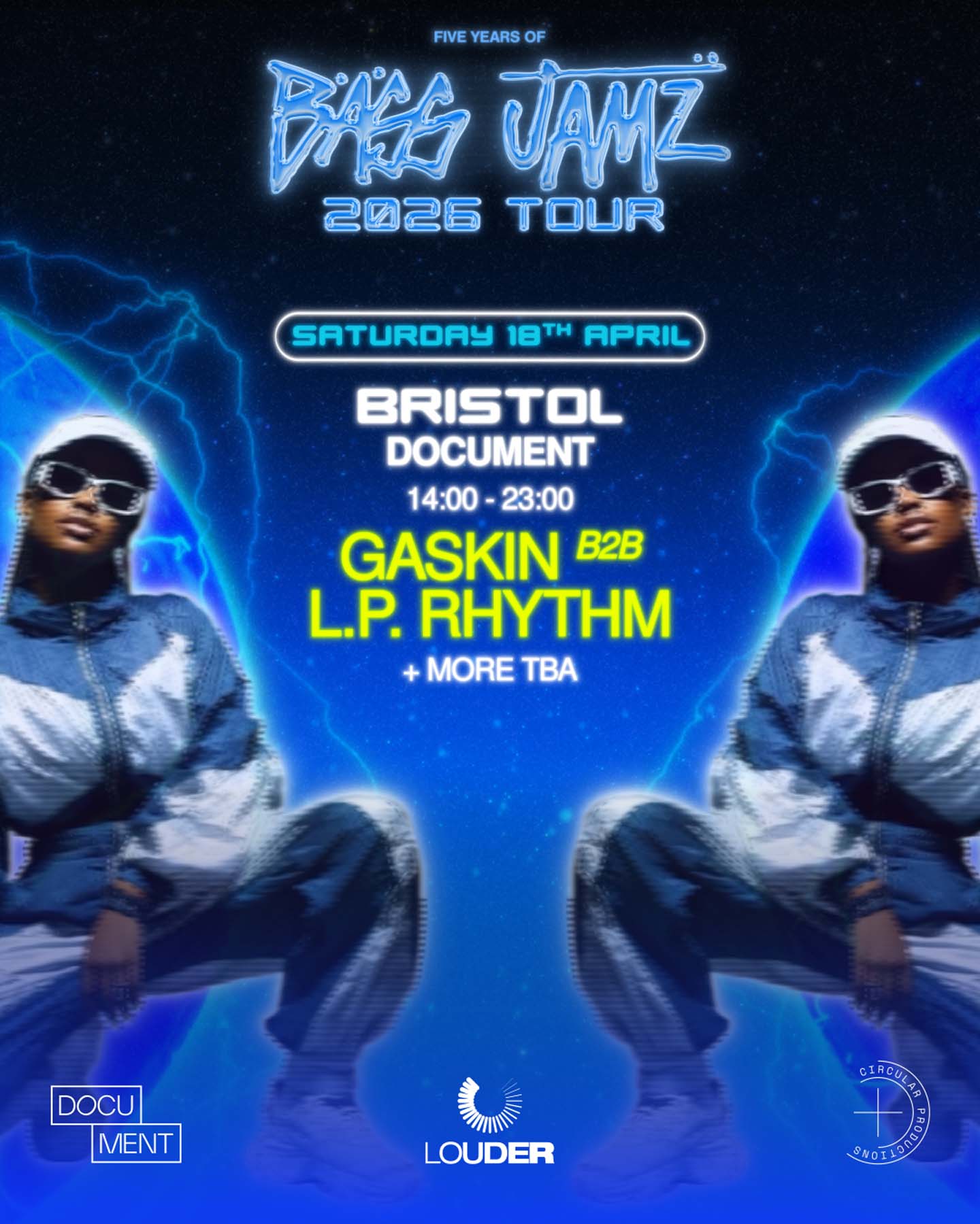 Promotional poster for Bass Jamz 2026 Tour featuring two individuals in futuristic outfits on a blue background.