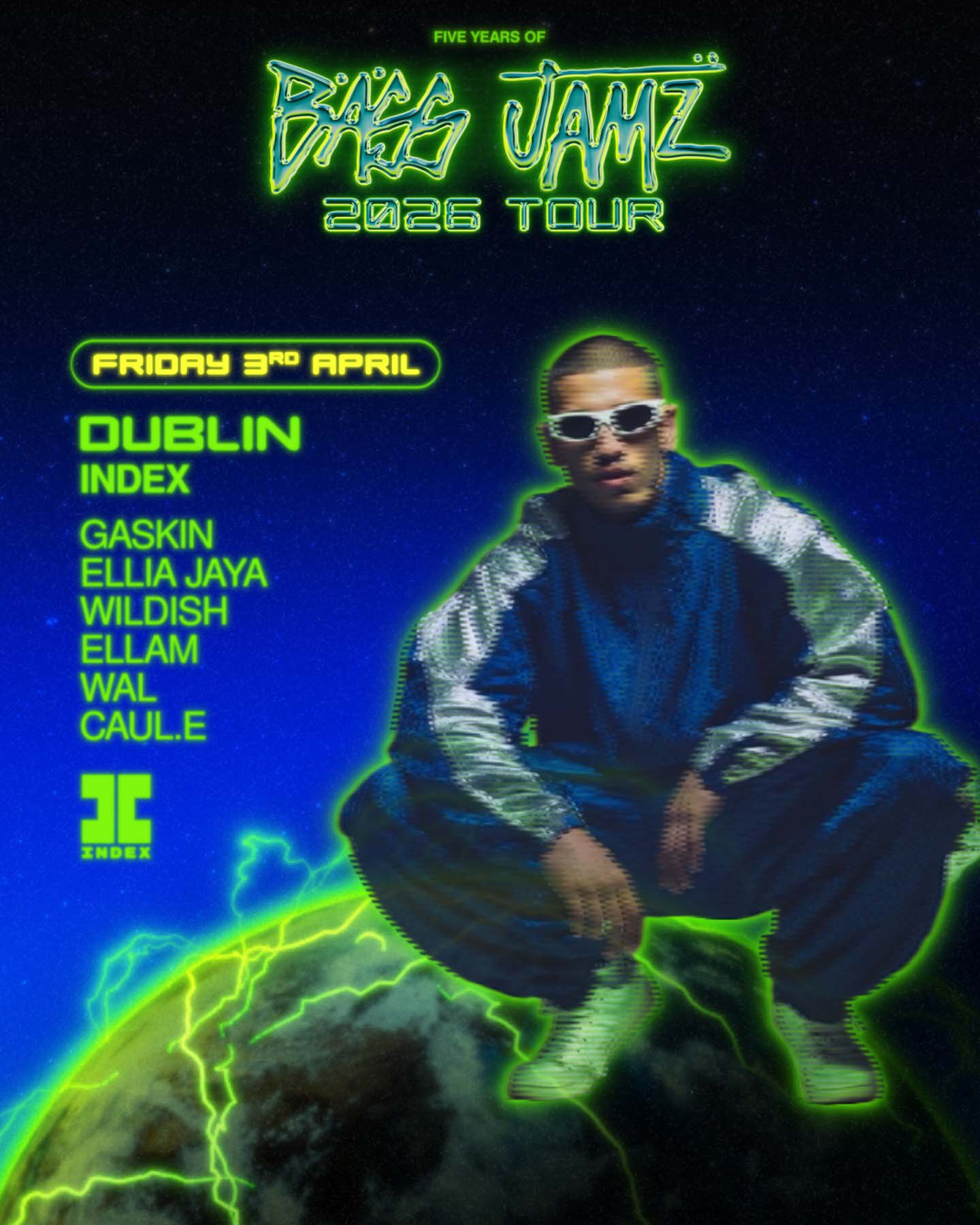 Promotional poster for Bass Jamz 2026 Tour featuring a person in front of a blue and green background with text.