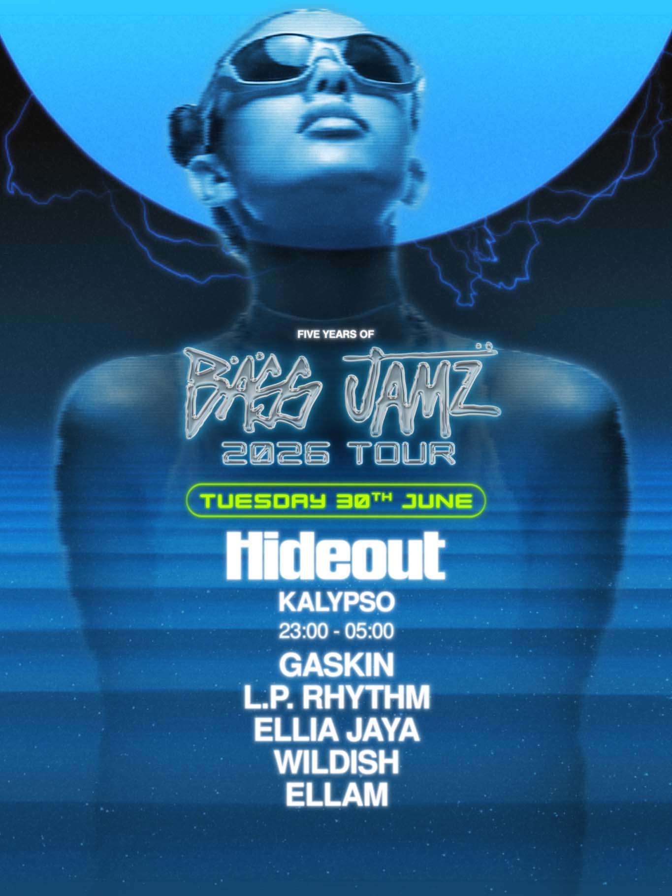 Promotional poster for a music event featuring a person wearing sunglasses with event details.