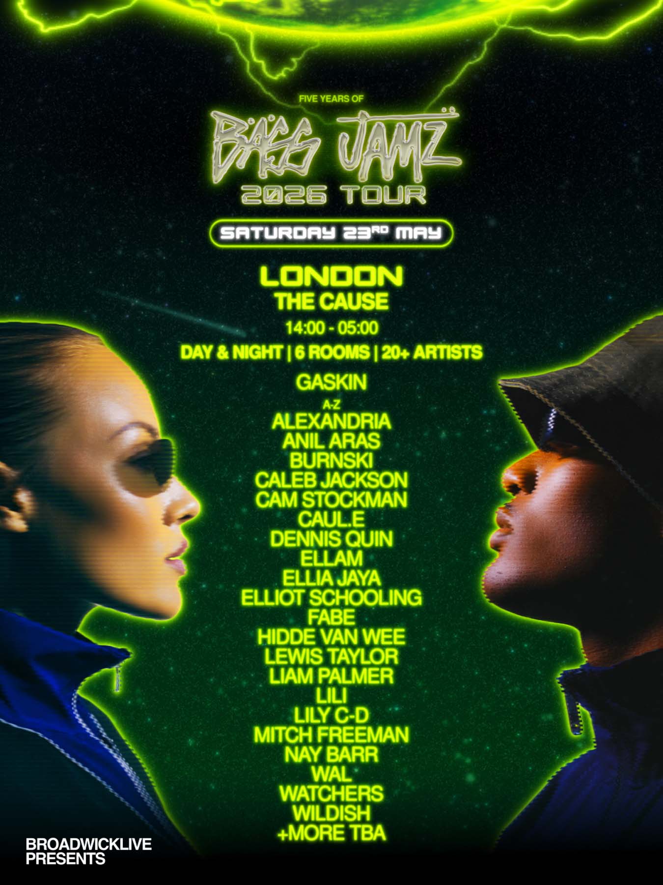 Promotional poster for Bass Jamz 2025 Tour featuring two faces with a green neon outline on a dark background.