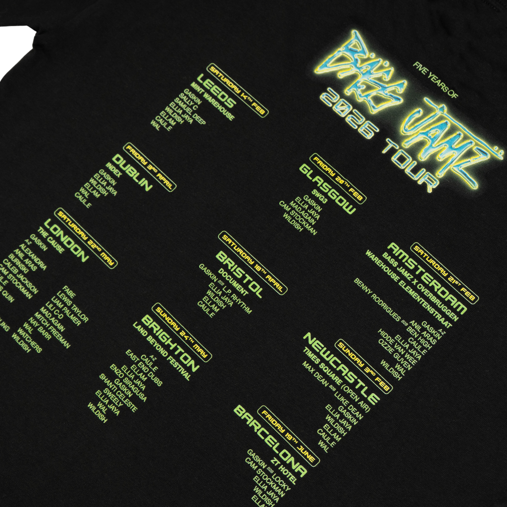 Close-up of the Bass Jamz 2026 Tour Tee back print showing the 2026 tour artwork, cities and lineup. 