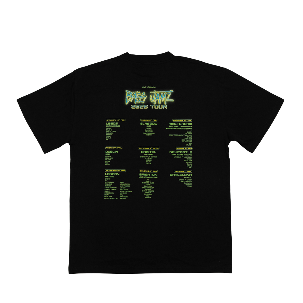 Close-up of the Bass Jamz 2026 Tour Tee back print showing the 2026 tour artwork, cities and lineup. 