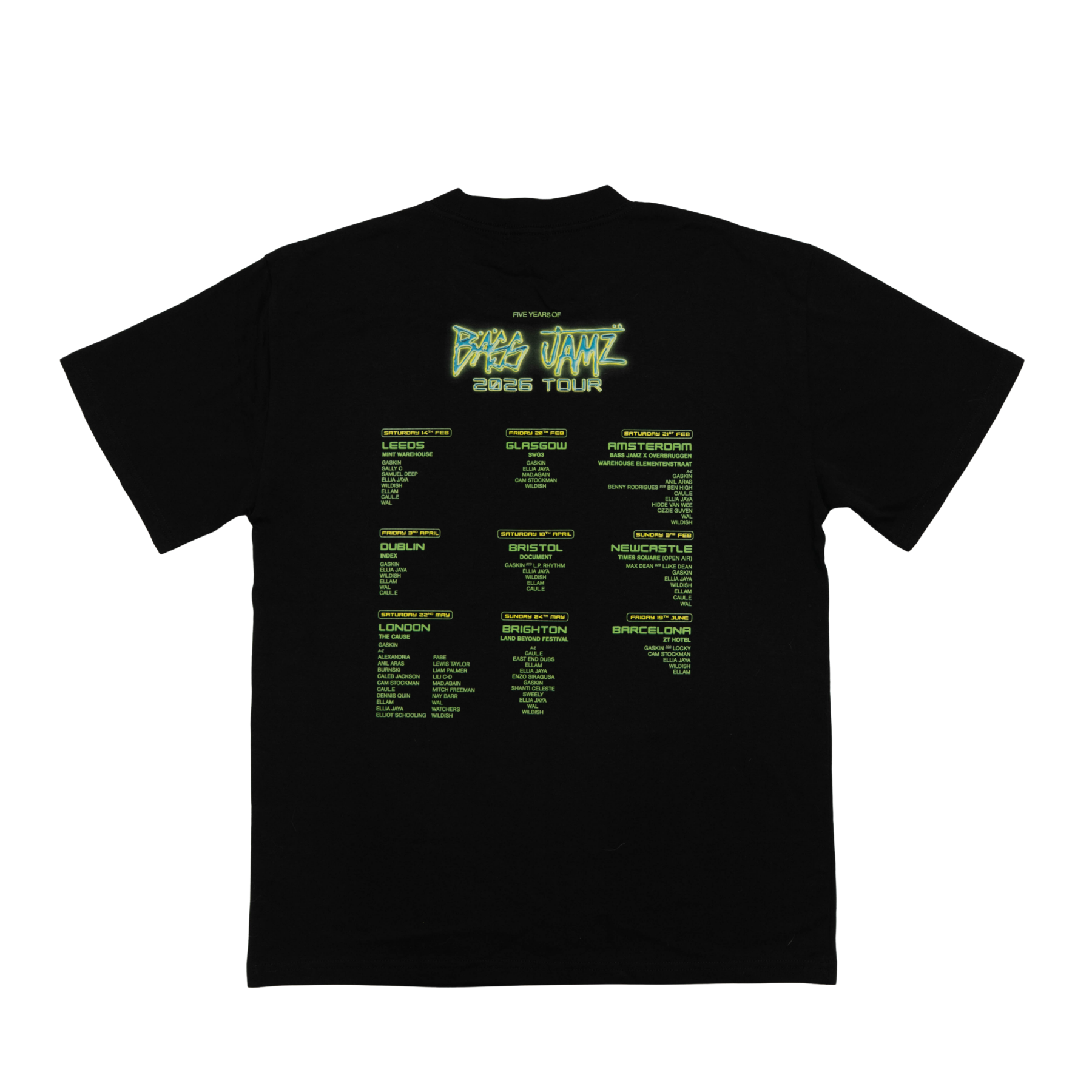 Close-up of the Bass Jamz 2026 Tour Tee back print showing the 2026 tour artwork, cities and lineup. 