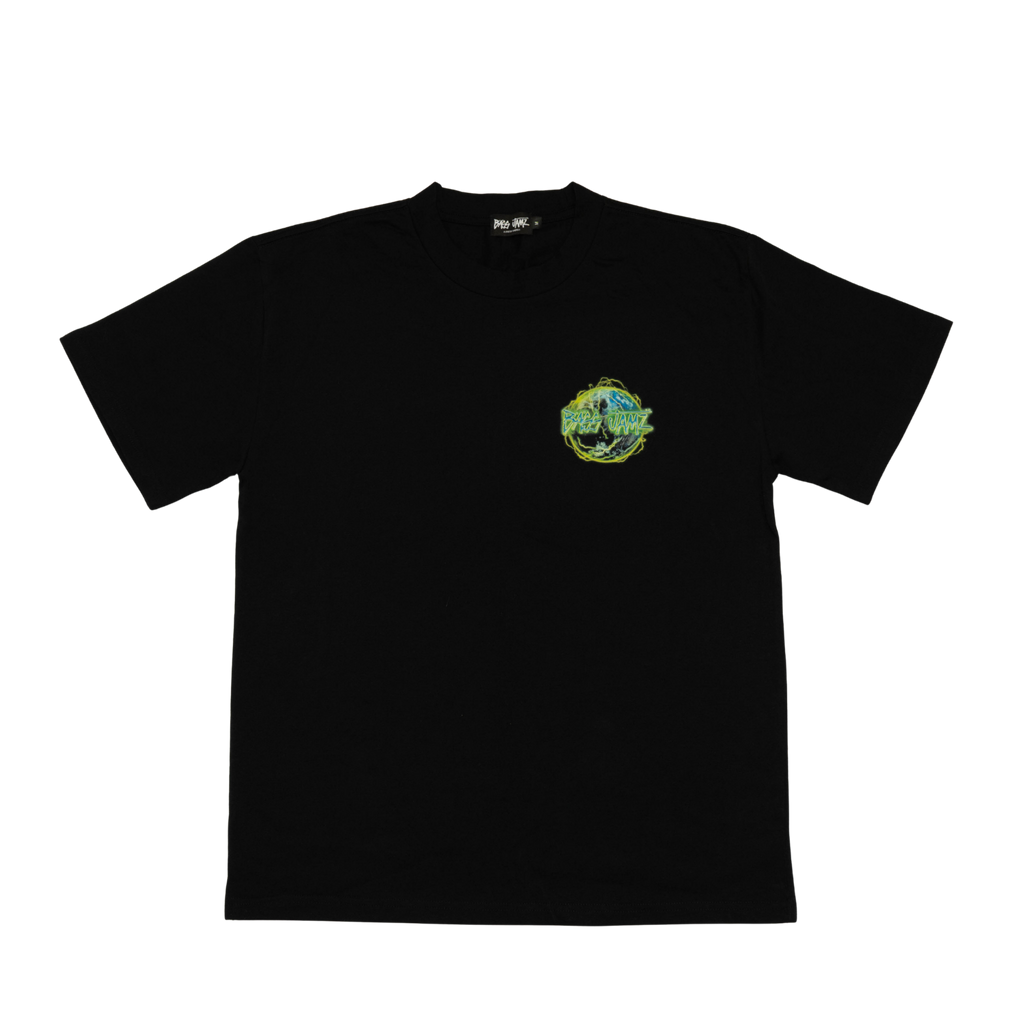 Front of the Bass Jamz 2026 Tour Tee in black featuring the globe logo chest print.