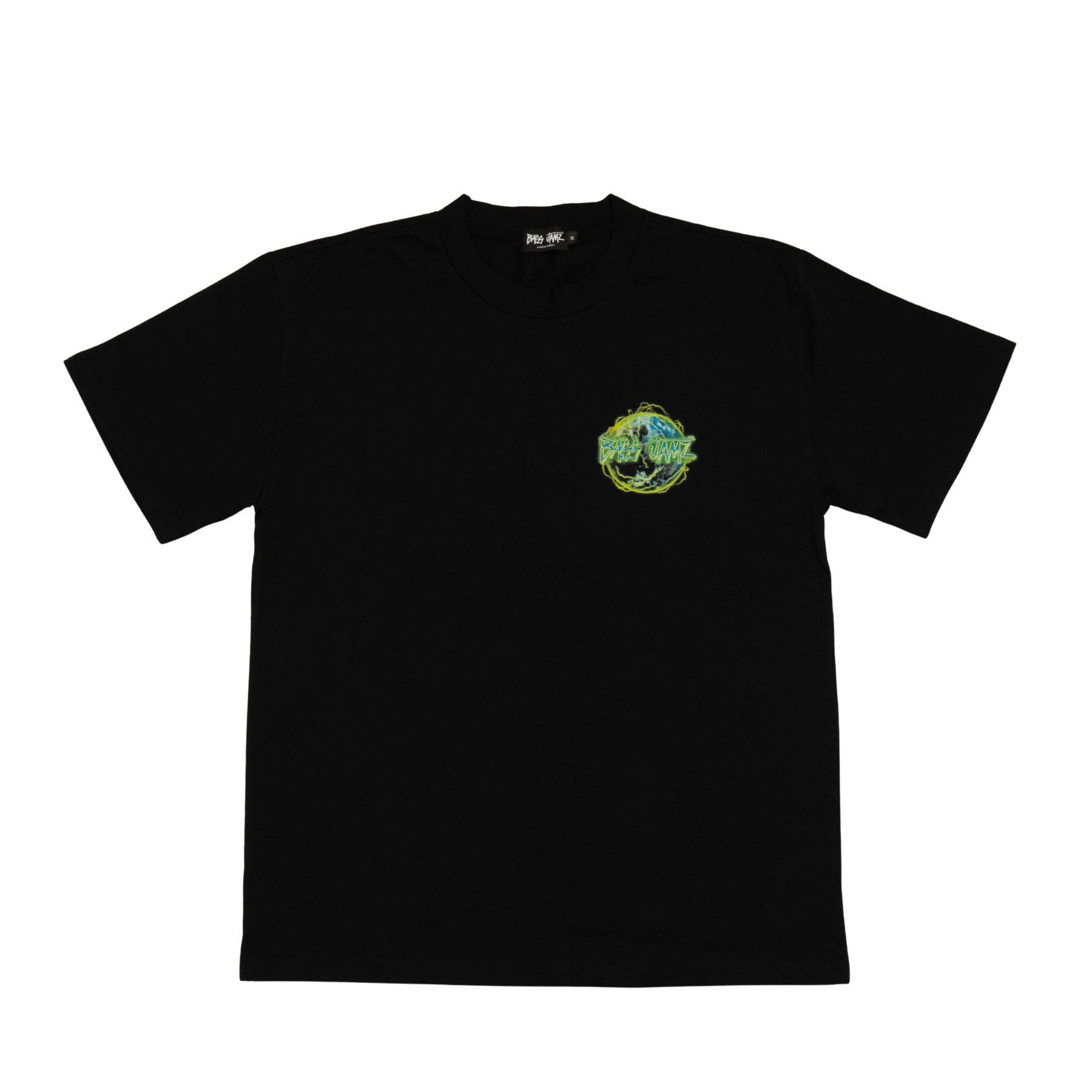 Front of the Bass Jamz 2026 Tour Tee in black featuring the globe logo chest print.