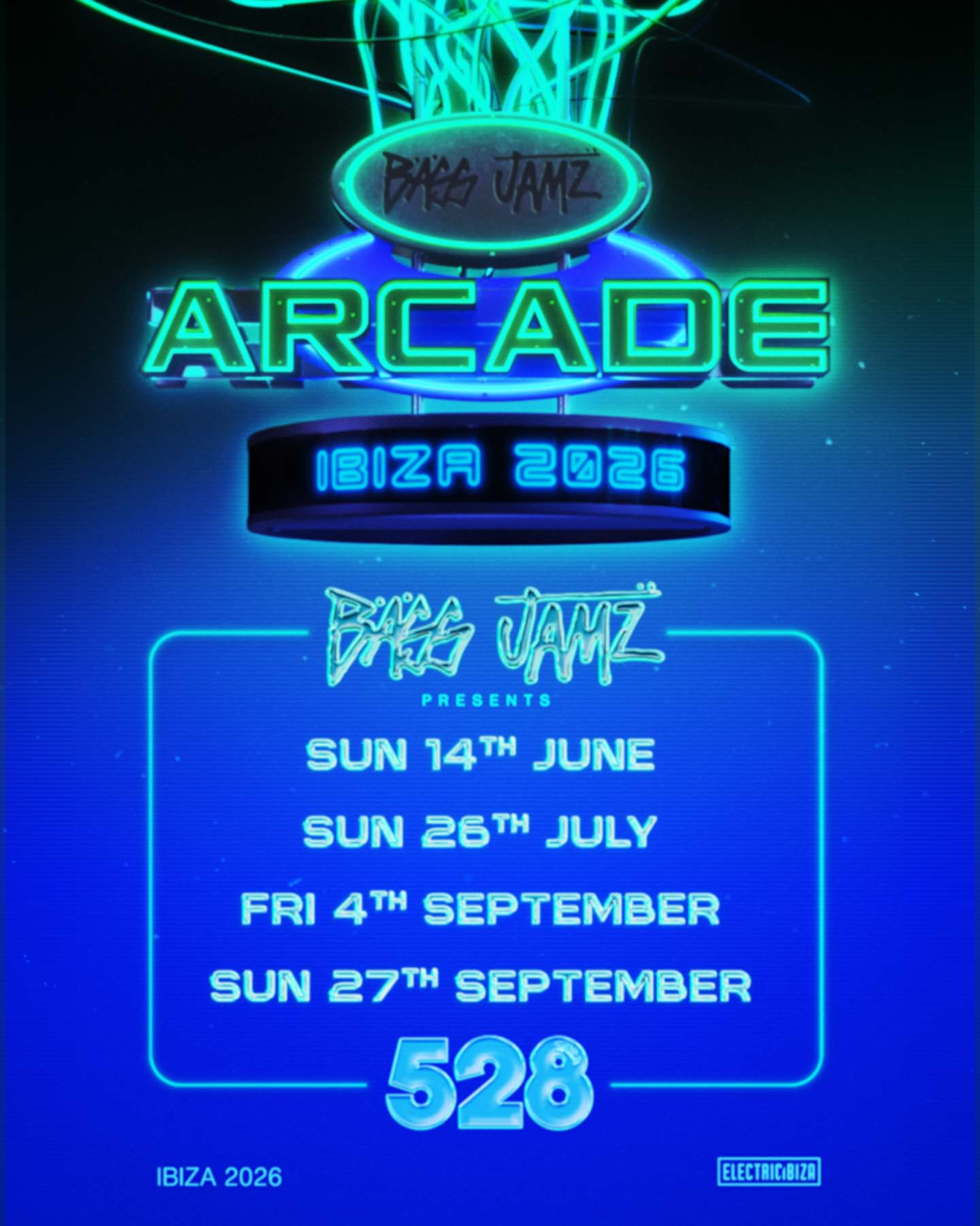Neon sign for Arcade Ibiza 2026 event with dates and branding.