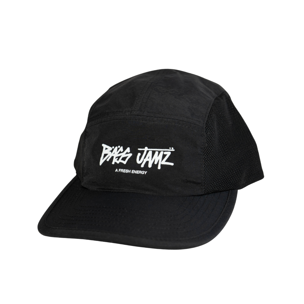 Bass Jamz OG black nylon cap with printed white logo, front angle view.