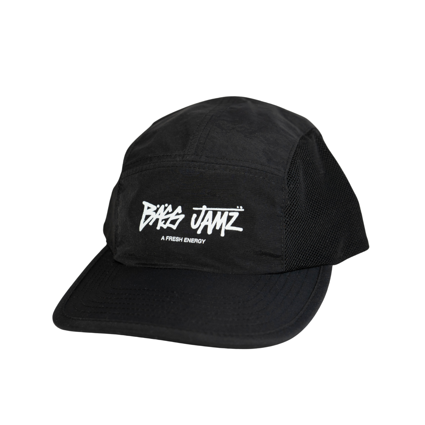 Bass Jamz OG black nylon cap with printed white logo, front angle view.