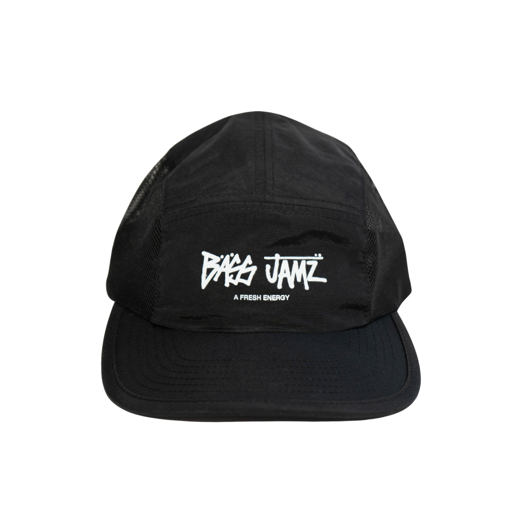 Front view of the Bass Jamz OG black nylon cap featuring the printed Bass Jamz logo.