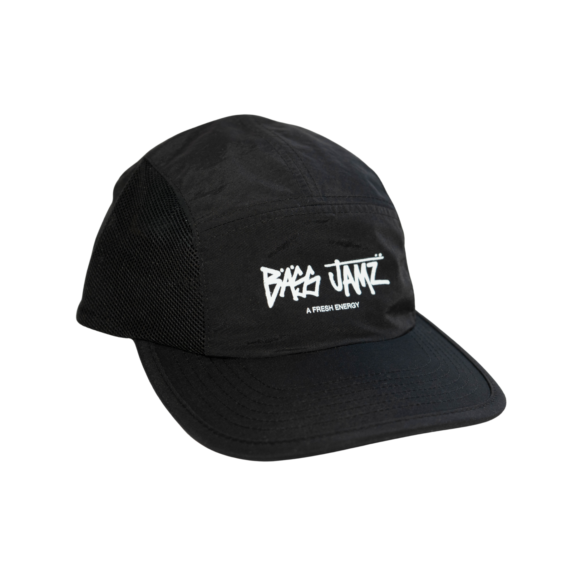 Side angled view of the Bass Jamz OG black nylon cap with printed logo and mesh side panels. 