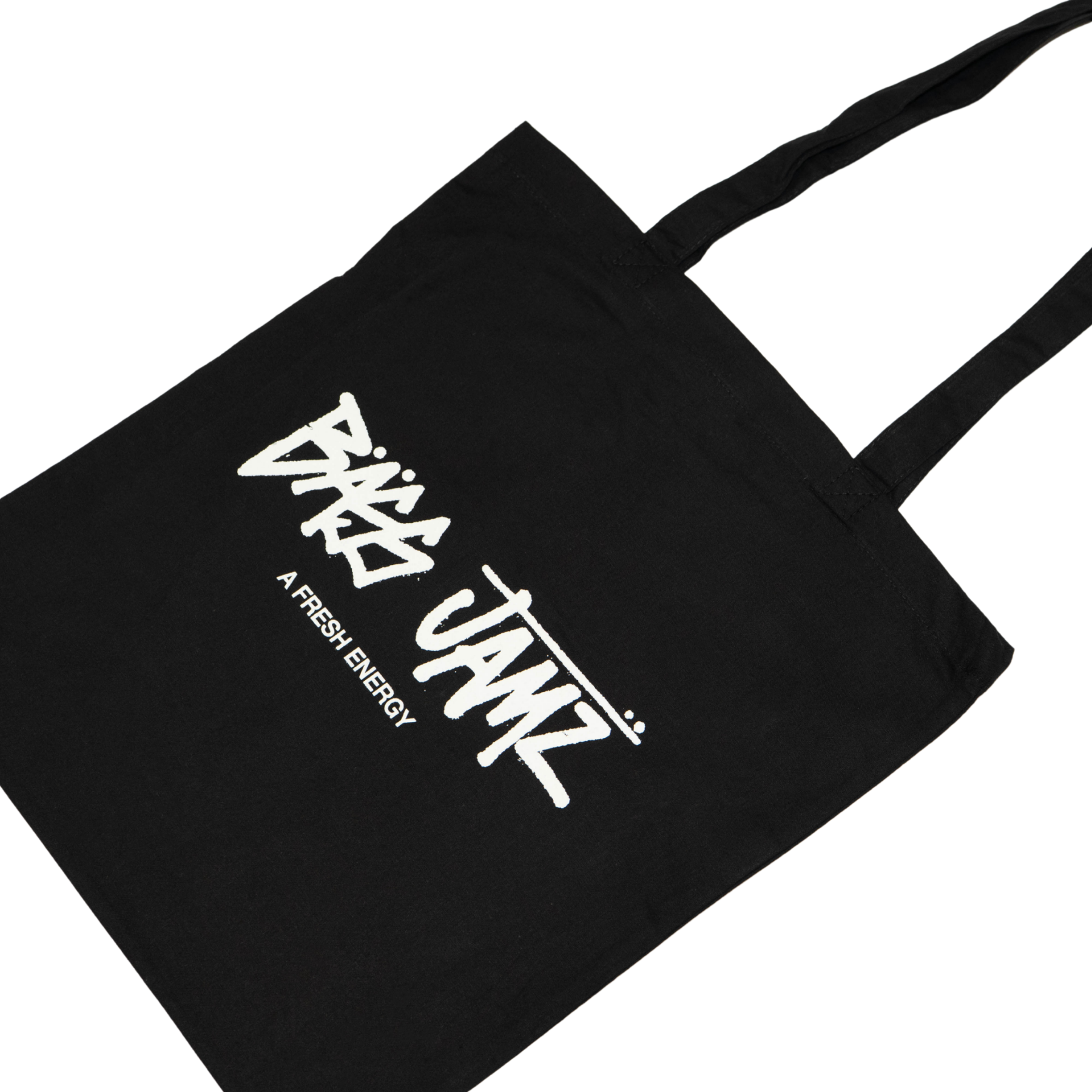 Angled view of the Bass Jamz OG black tote bag featuring the signature graffiti logo.