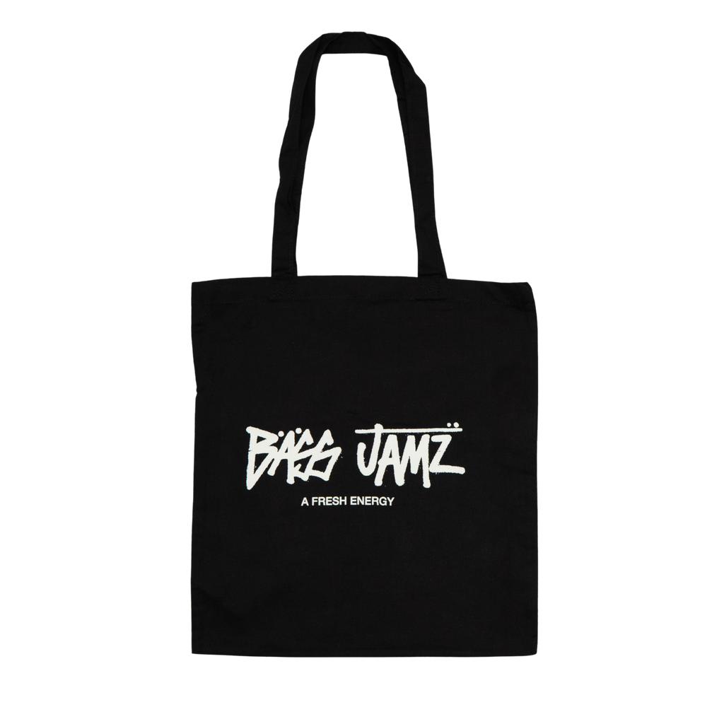Front of the Bass Jamz OG black tote bag featuring the signature graffiti logo.