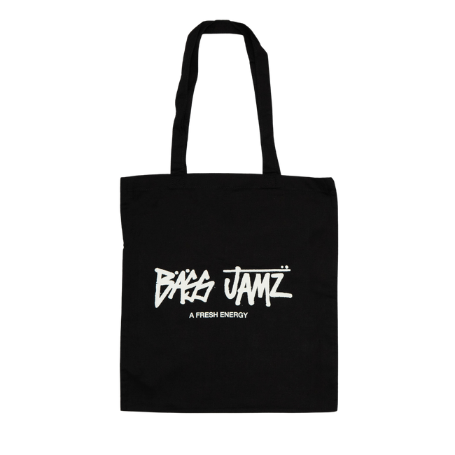 Front of the Bass Jamz OG black tote bag featuring the signature graffiti logo. Hover Image