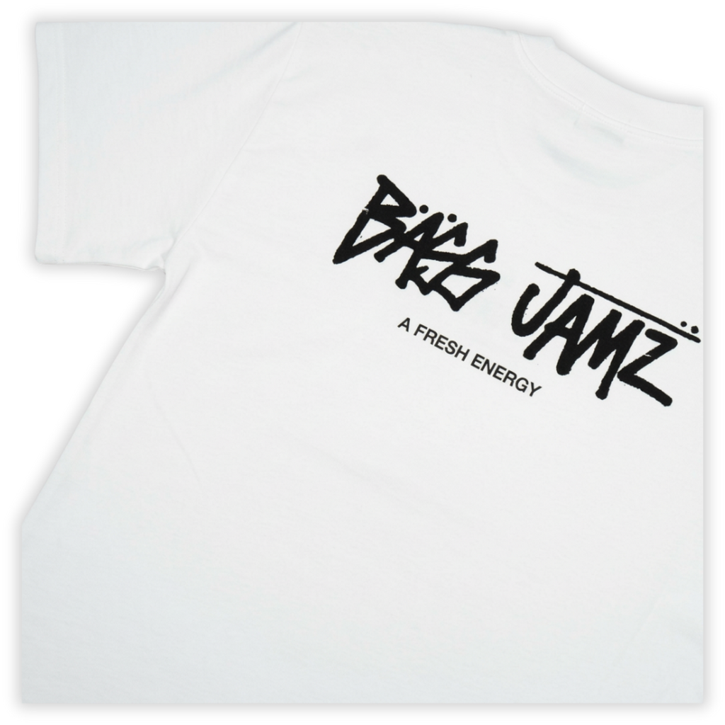 Close-up of the oversized Bass Jamz graffiti logo printed on the back of the OG White Tee. 