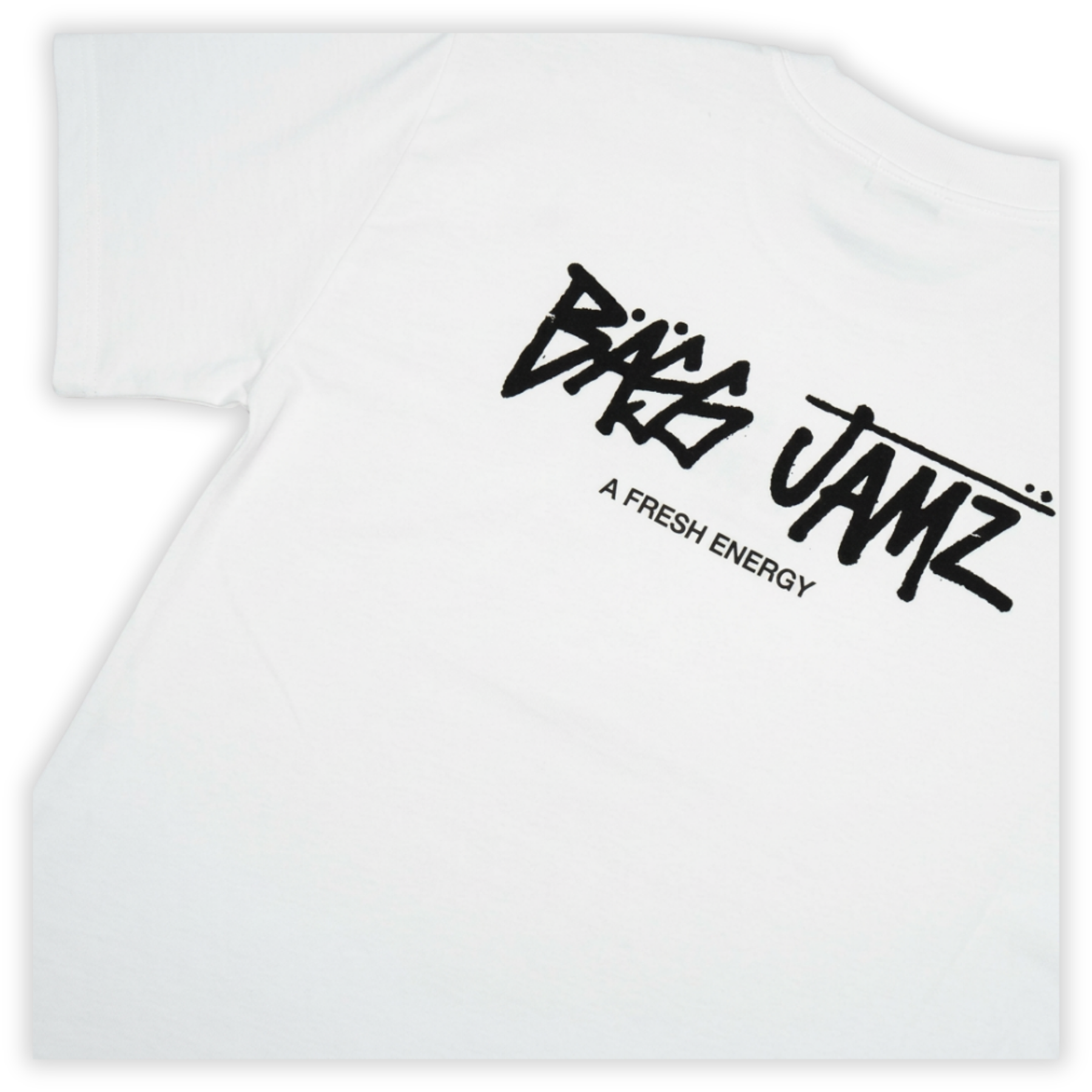 Close-up of the oversized Bass Jamz graffiti logo printed on the back of the OG White Tee. 