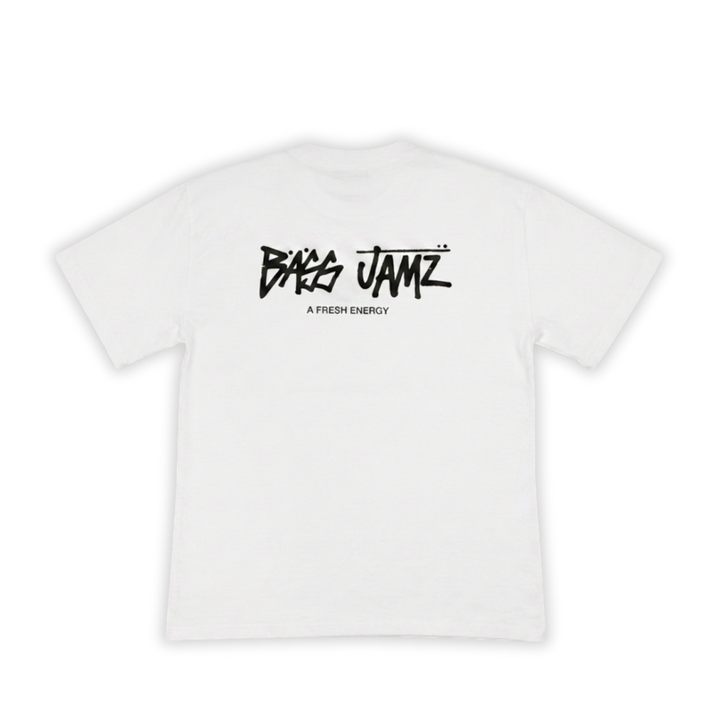 Back of the Bass Jamz OG White Tee featuring the oversized Bass Jamz graffiti logo. 