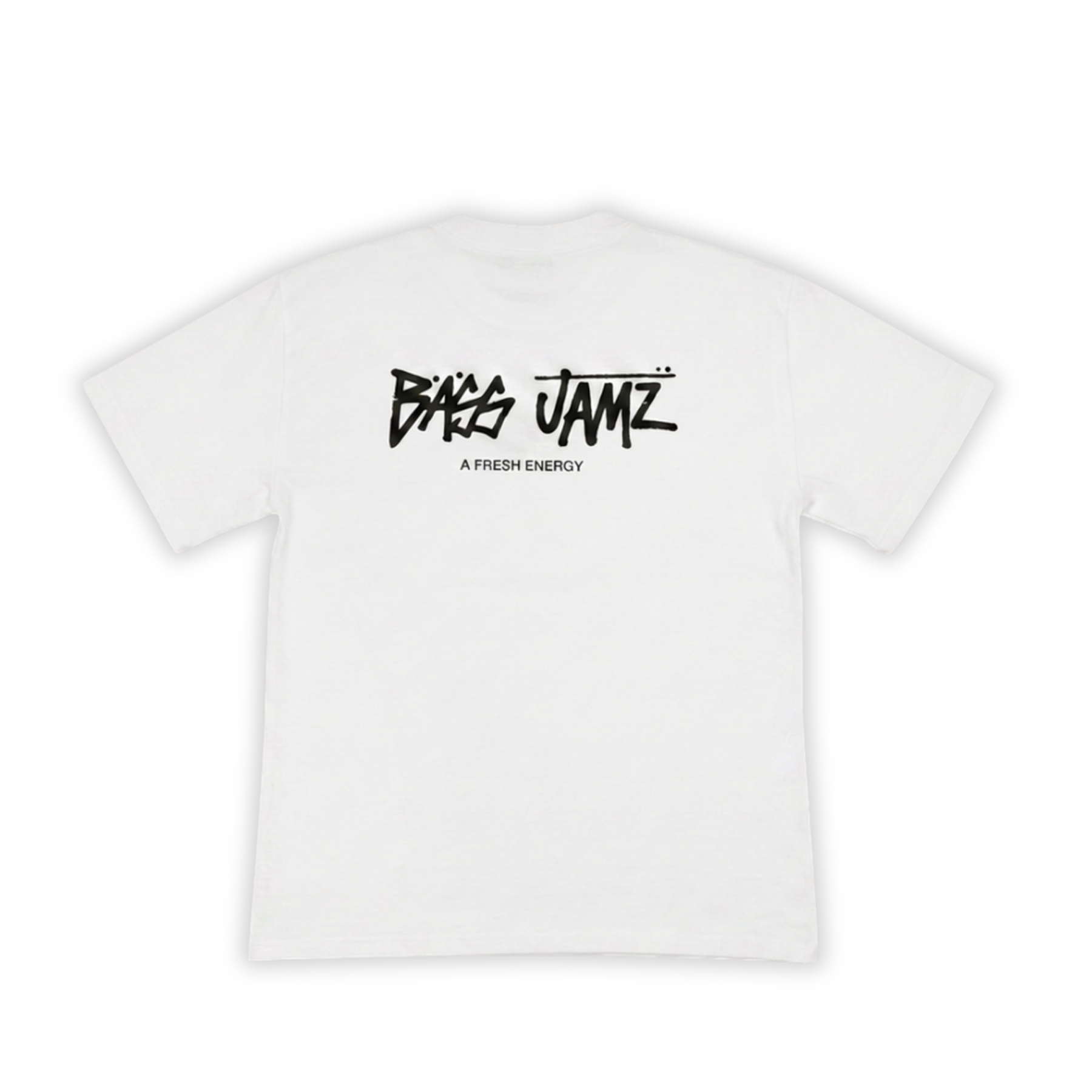 Back of the Bass Jamz OG White Tee featuring the oversized Bass Jamz graffiti logo. 