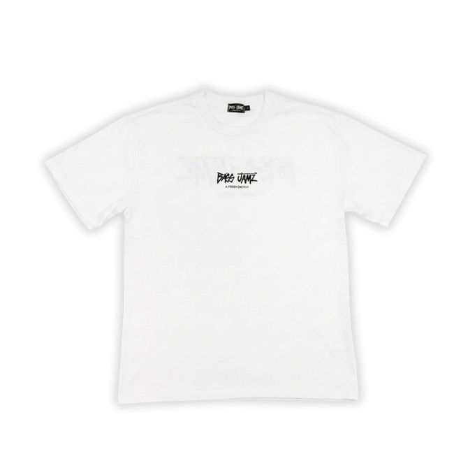 Front of the Bass Jamz OG White Tee featuring the signature graffiti logo.  Hover Image