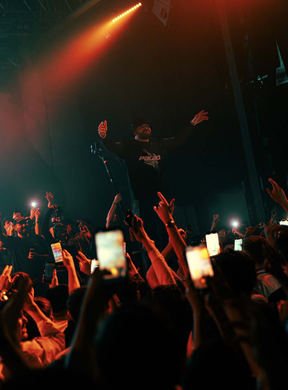 Person on stage with arms raised above a crowd at a concert, illuminated by stage lights.