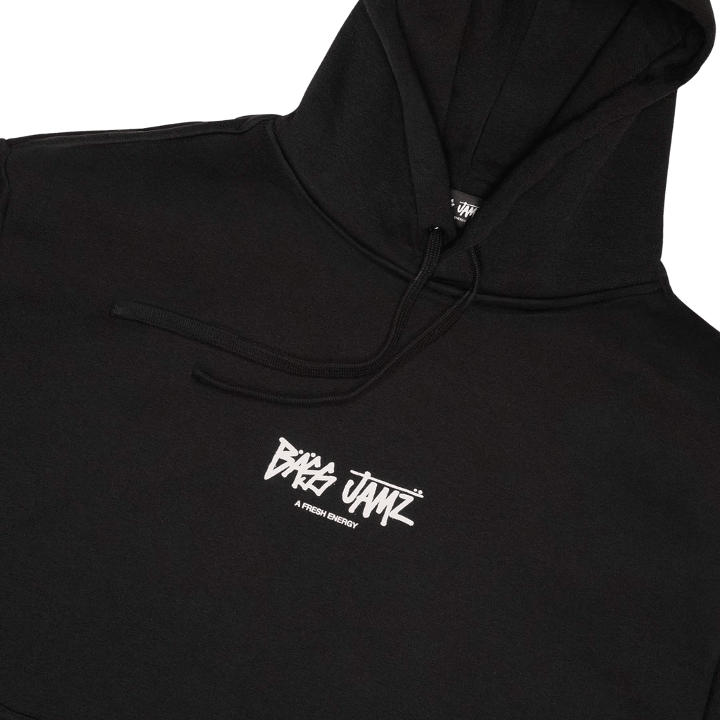 Black hoodie with white logo on a transparent background