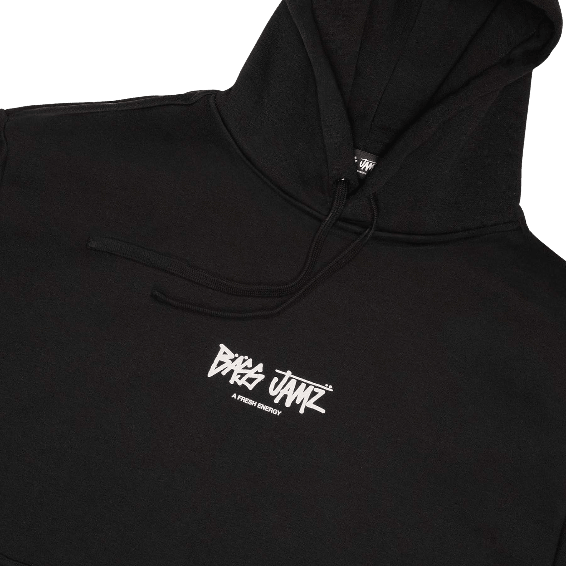 Black hoodie with white logo on a transparent background