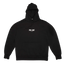Black hoodie with a logo on the chest against a transparent background