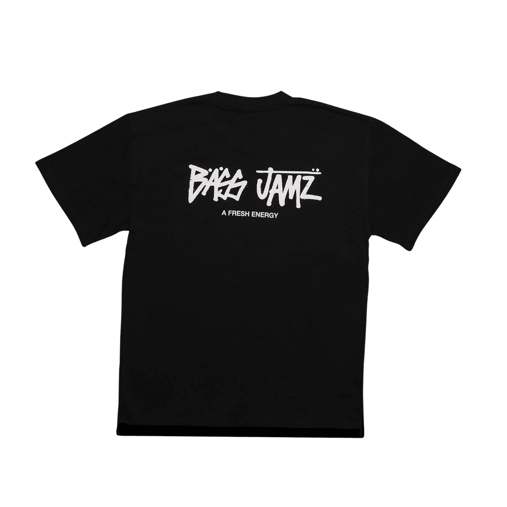 Black t-shirt with white text on a transparent background