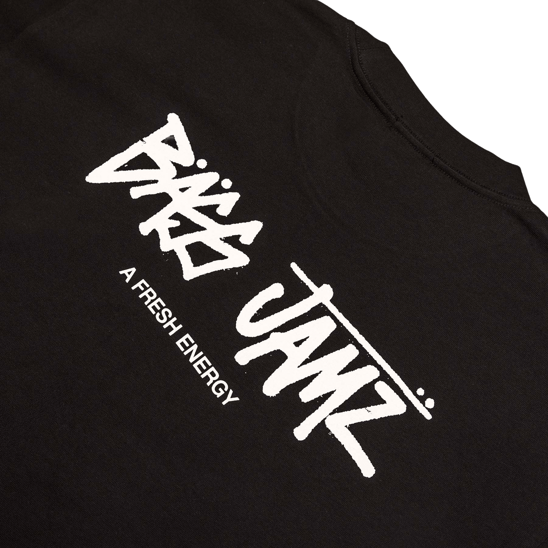 Black t-shirt with white 'Bass Jamz' logo and text on a clear background