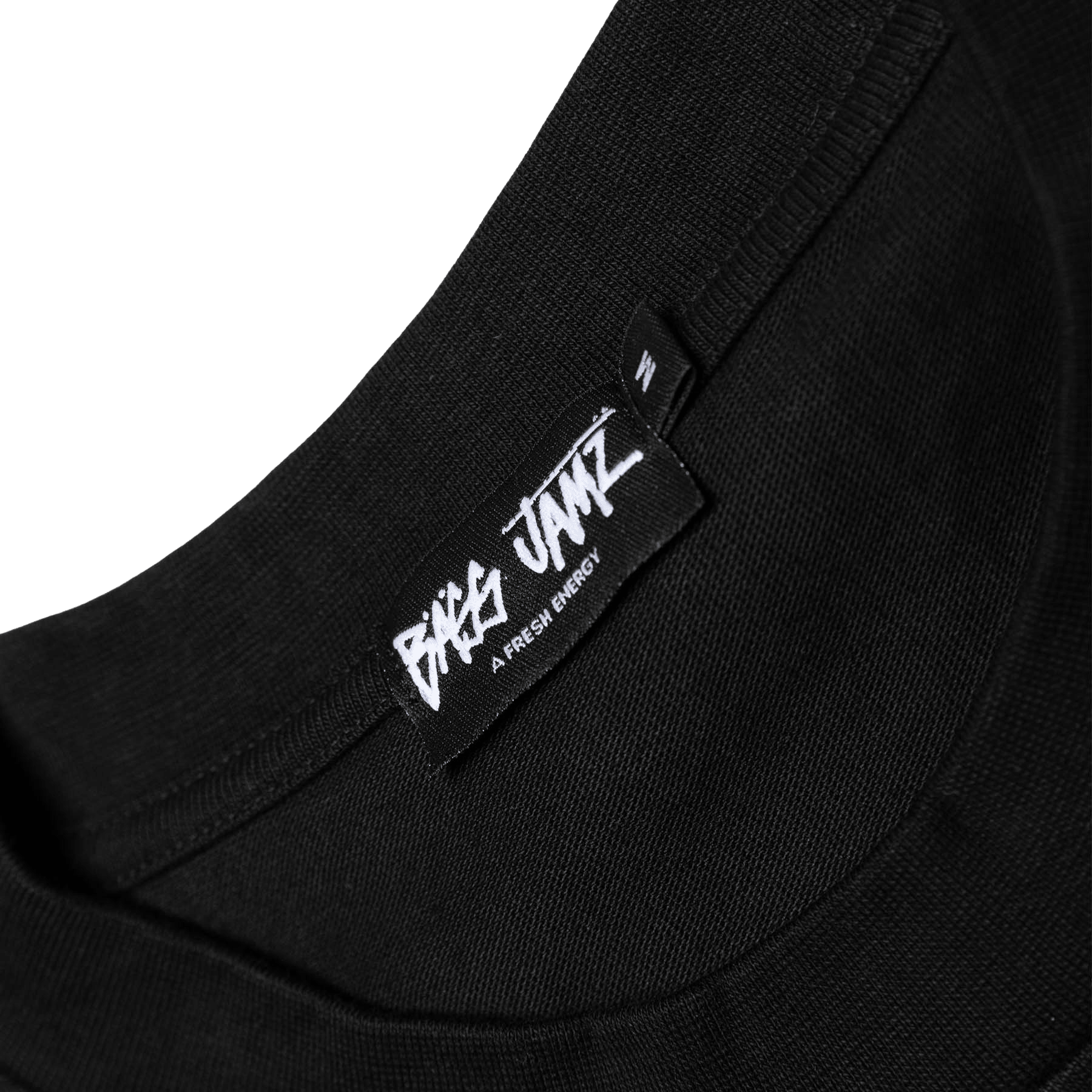 Black t-shirt with a brand label on a white background