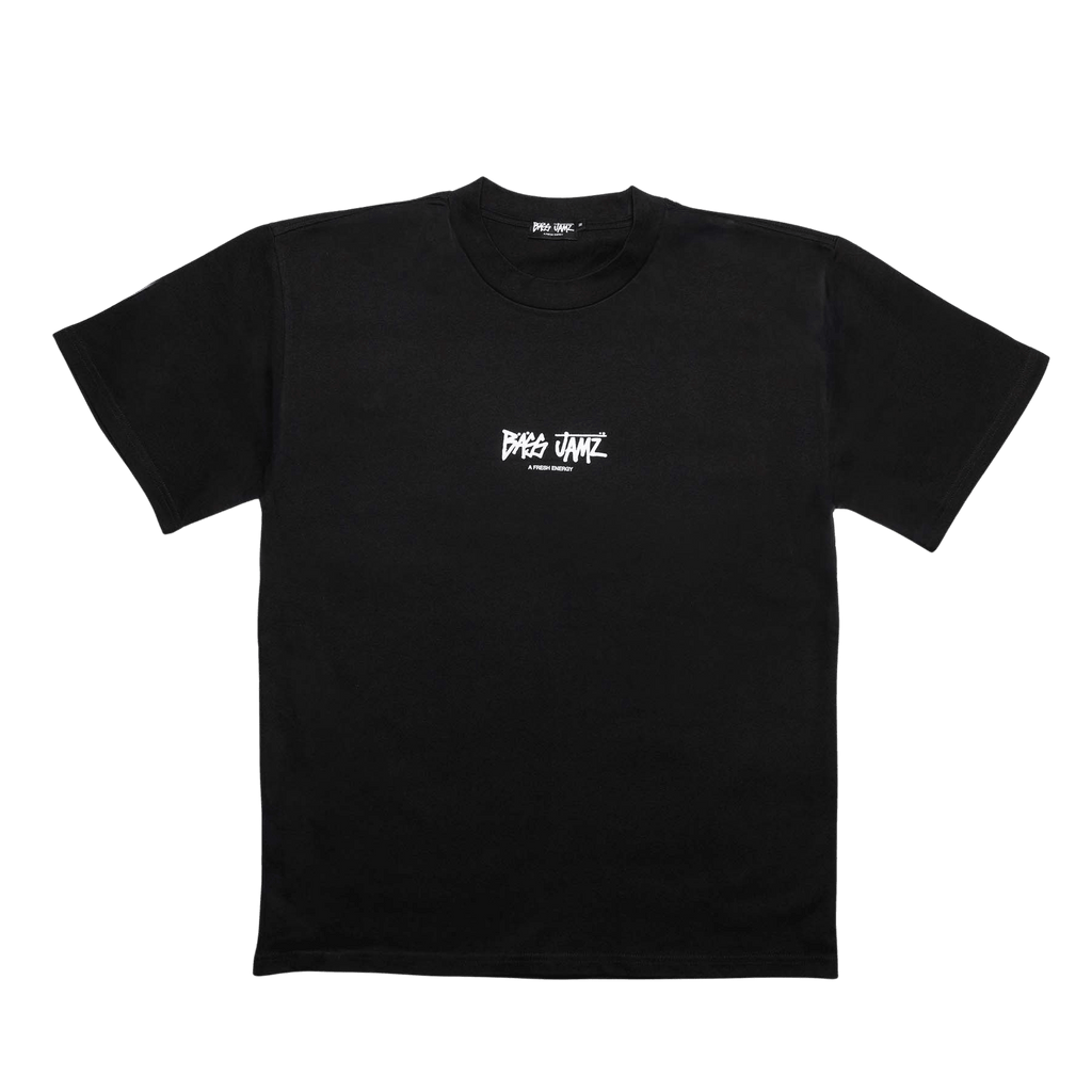 Black t-shirt with a white logo on a transparent background