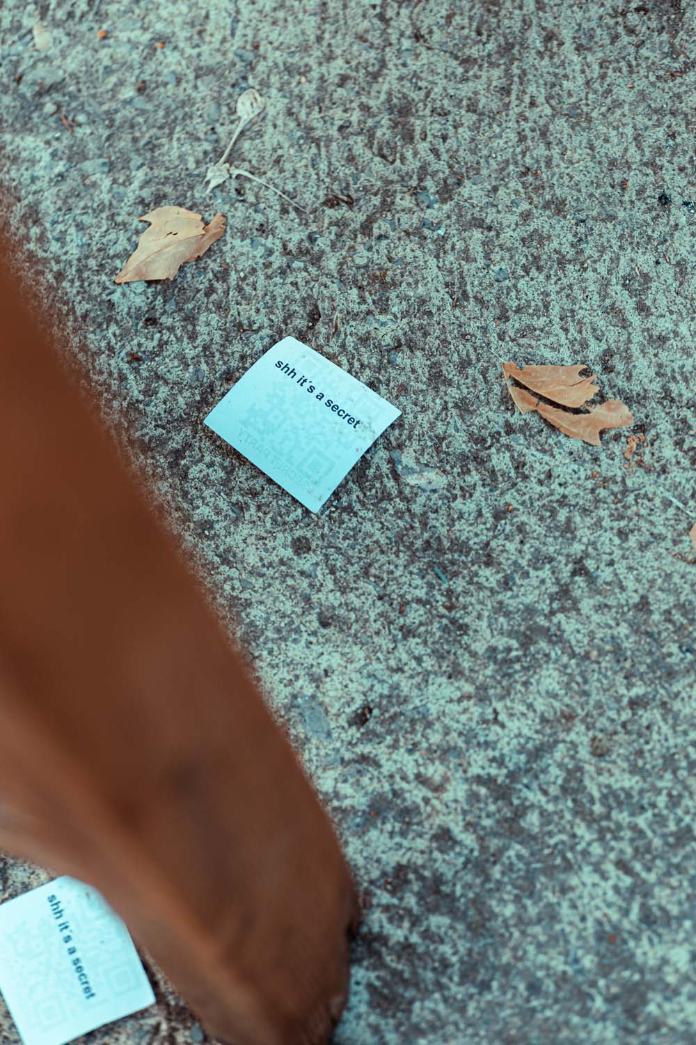 Leaflet on the floor saying 'shh it's a secret' 